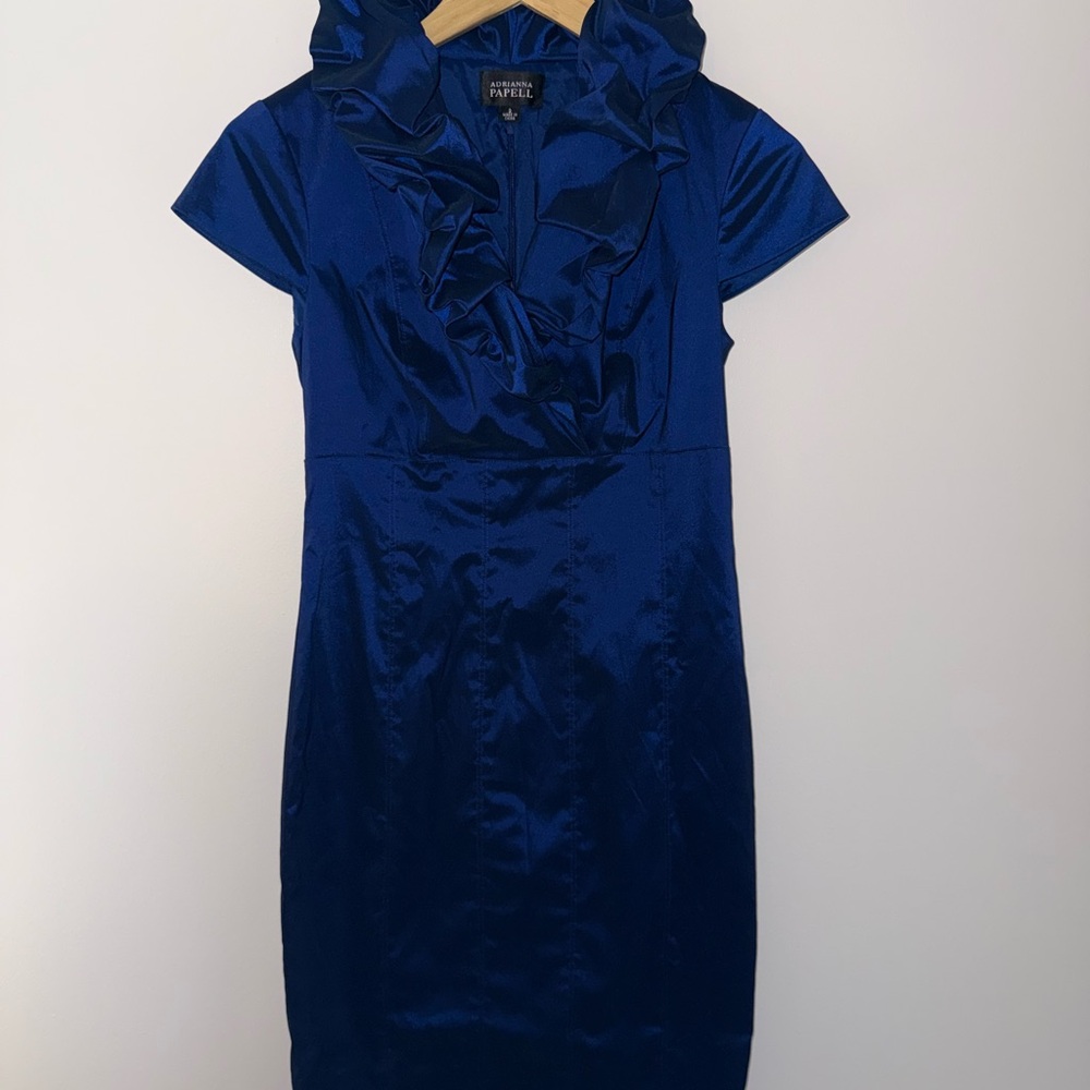 Ruffled Blue Satin Cocktail Dress